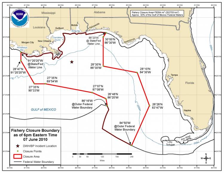 Gulf oil spill June 7 fisheries closure map.  (Courtesy of Sero.nmfs.noaa.gov)