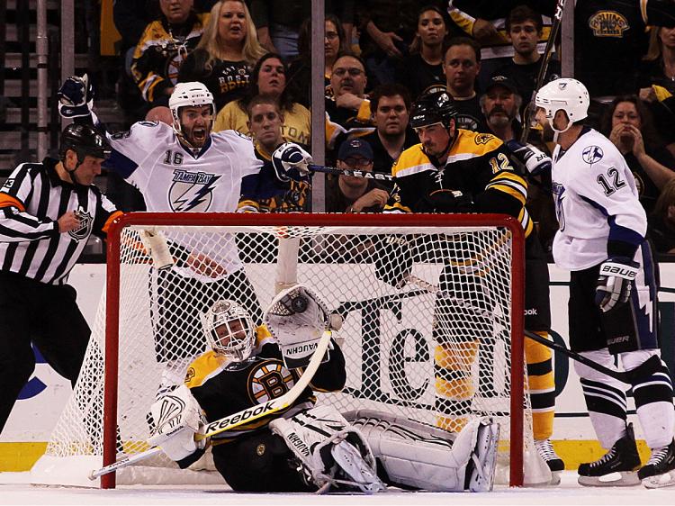 Teddy Purcell of the Tampa Bay Lightning celebrates his first period goal against the Boston Bruins in Game One of the NHL Eastern Conference Finals. (Bruce Bennett/Getty Images)