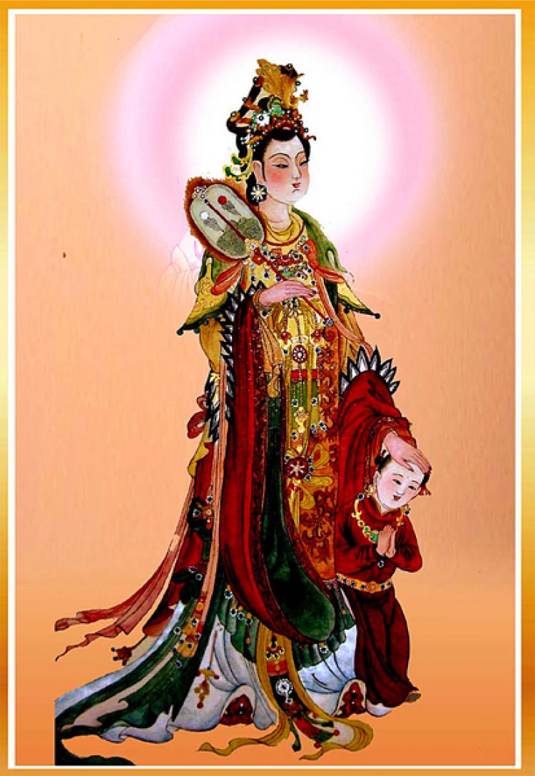 Bodhisattva Avalokitesvara, 'the goddess of mercy', pictured with a small servant. (Courtesy of zhengjian.org)