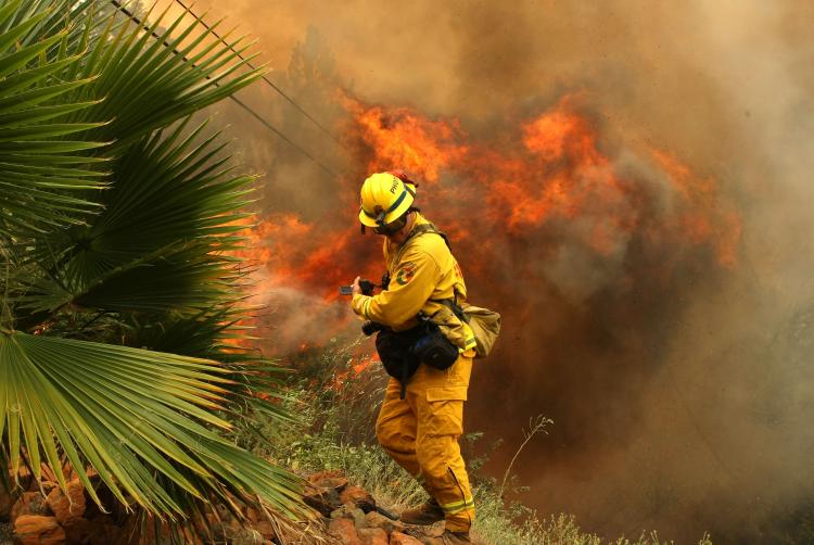 A California Department of Forestry photographer shields himself from a flame as a spot fire burns through trees and brush July 10, 2008 in Concow, California. (Justin Sullivan/Getty Images)