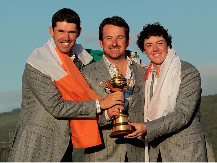 WINNING TEAM: (L-R) European Team members Padraig Harrington, Graeme McDowell and Rory McIlroy pose with the Ryder Cup following Europe's 14.5 to 13.5 victory over the USA at the 2010 Ryder Cup. (David Cannon/Getty Image)