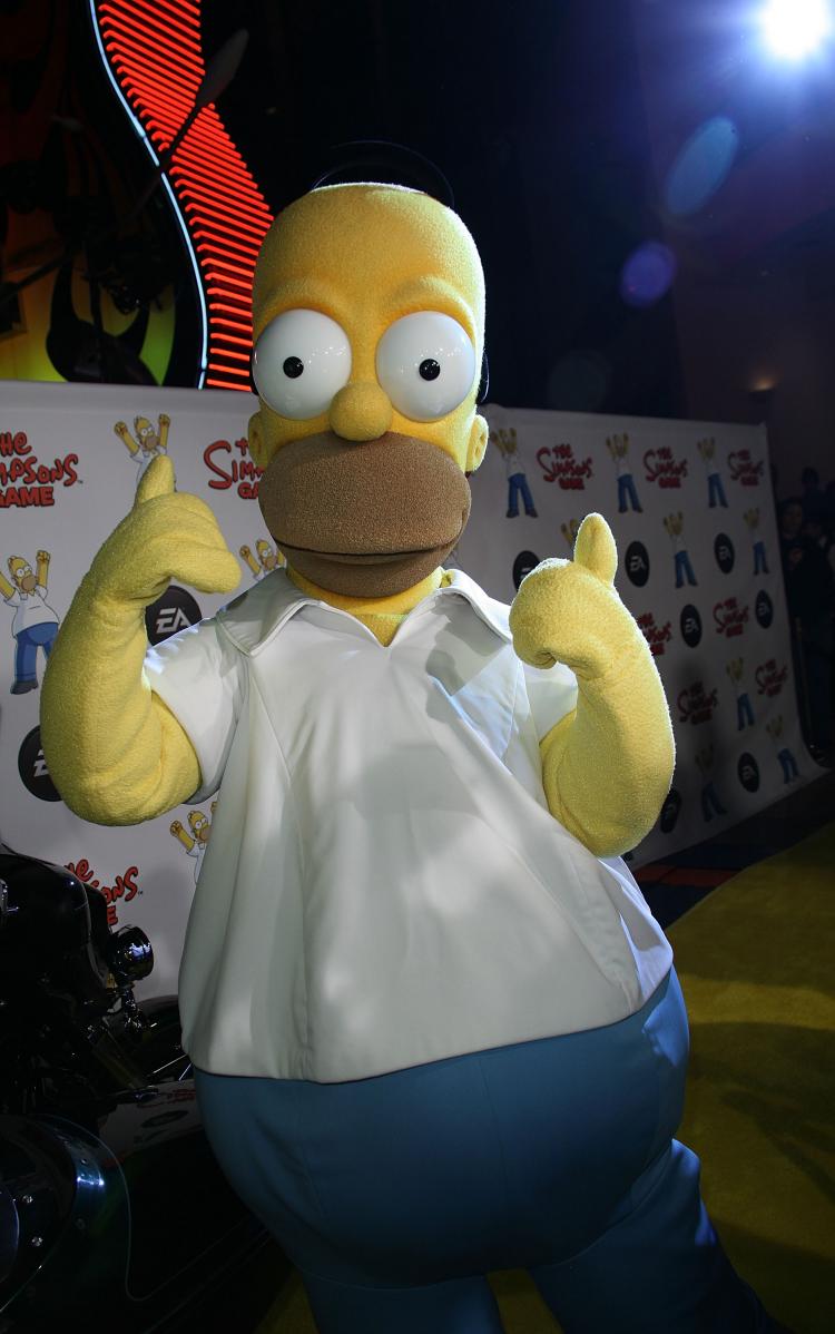 Simpsons cartoon character Homer Simpson the comedic and sarcastically moronic father, topped a recently posted list of the 100 Greatest Characters from television and movies.  (Chad Buchanan/Getty Images)