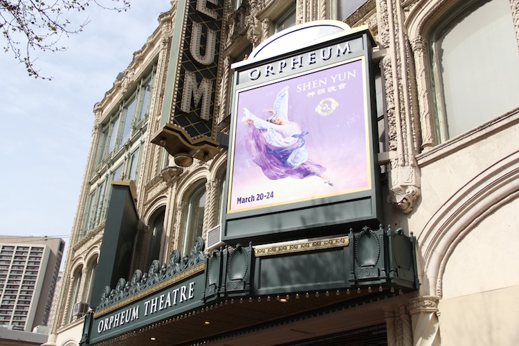 A billboard displaying the upcoming Shen Yun Performing Arts at the SHN Orpheum Theatre in San Francisco on March 19, 2013. Shen Yun will perform at the theater from March 20–24. (Christian Watjen/The Epoch Times)