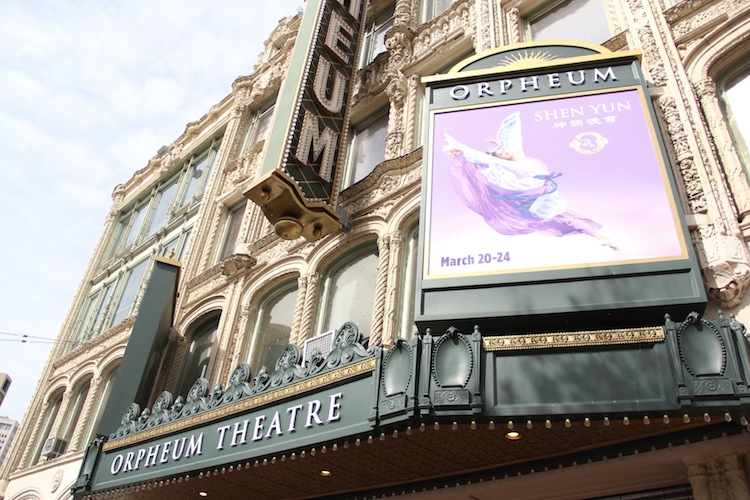 A billboard displaying the upcoming Shen Yun Performing Arts at the SHN Orpheum Theatre in San Francisco on March 19, 2013. Shen Yun is performing at the theater from March 20–24. (Christian Watjen/The Epoch Times) 