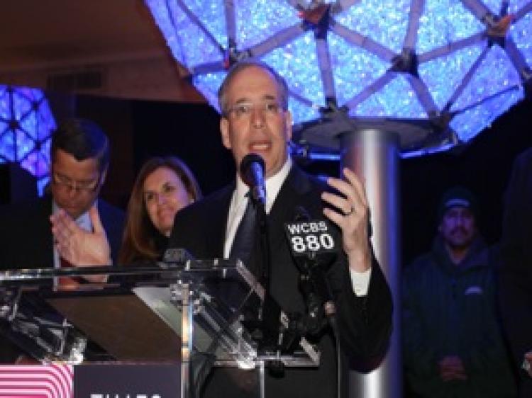 KEEP IT HERE: Manhattan Borough President Scott Stringer says the Macy's Thanksgiving Day Parade should not be moved away from Times Square. Stringer and others spoke at the Times Square Visitors Center on Thursday. (Tara MacIsaac/The Epoch Times)