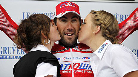 Katusha's Vladimir Isaychev celebrates on the podium after his first professional win, Stage Five of the Tour de Suisse. (katushateam.com)