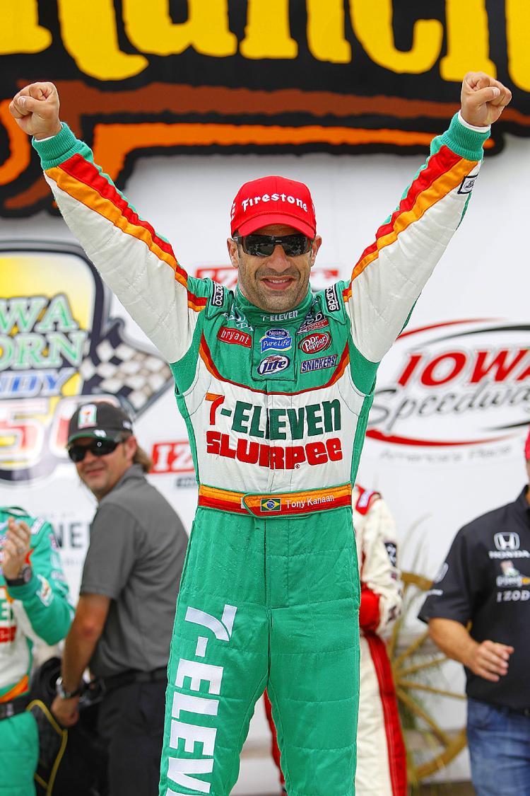 Tony Kanaan celebrates in victory lane following his win at the IndyCar Iowa Corn Indy 250 on June 20, 2010 in Newton, Iowa.  (Chris Trotman/Getty Images)