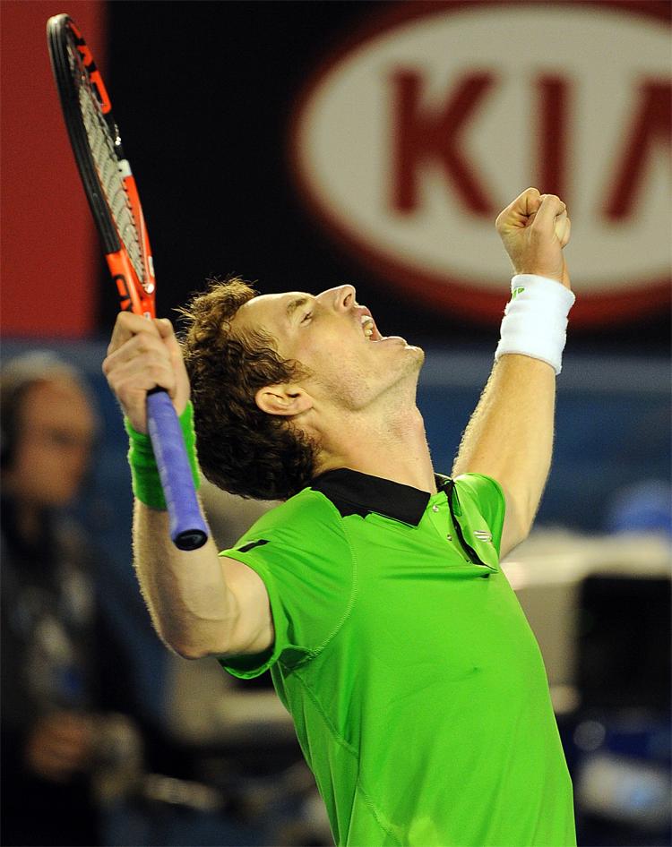 Andy Murray celebrates beating David Ferrer in their men's singles semifinal match at the Australian Open tennis tournament. (William West/AFP/Getty Images)