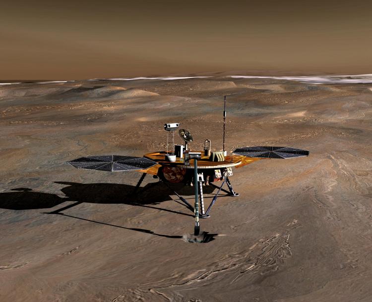 An artist's conception of the Phoenix Mars Lander on the Red Planet. The Phoenix Lander  landed on Mars on May 25, 2008. NASA declared that operations the Mars lander have ended following unsuccessful attempts to contact the spacecraft.  (NASA/JPL via Getty Images )