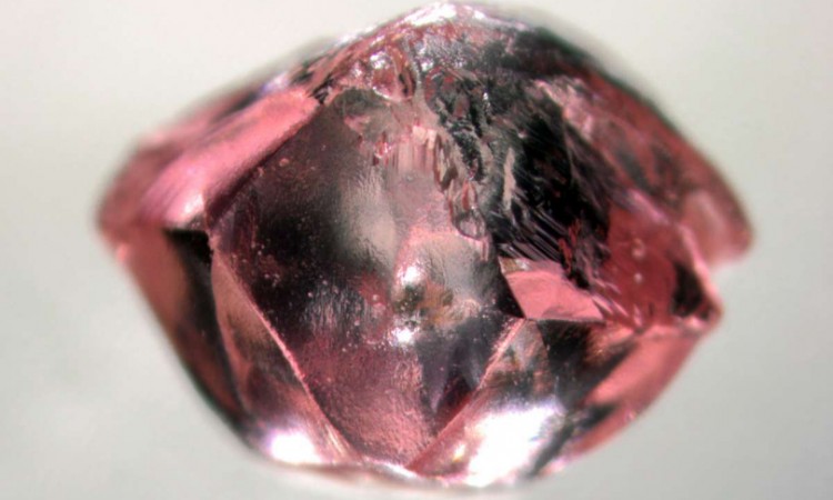 A pink diamond's color is dependent on both light wavelength and intensity, probably due to electron transfer between an unknown pink defect and other defects in the diamond lattice. (Natural History Museum, Los Angeles County) 