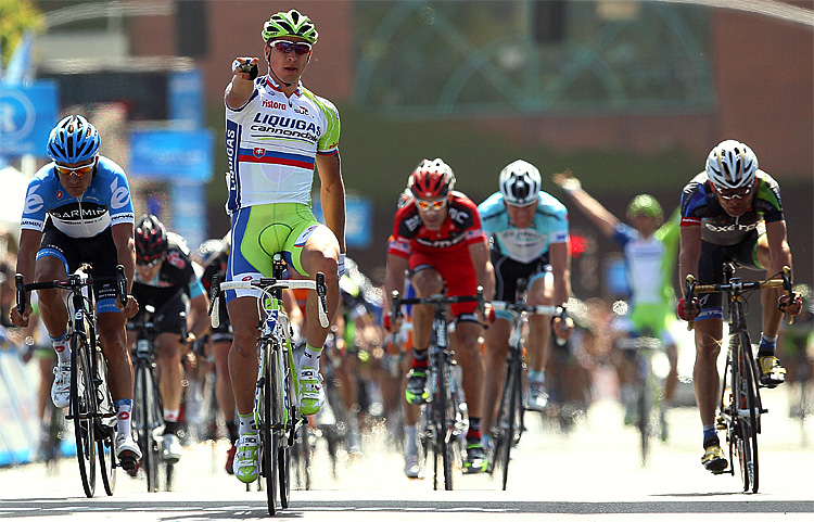 Peter Sagan of Slovakia, riding for the Liquigas-Cannondale team, celebrates after winning Stage One of the Amgen Tour of California. (Ezra Shaw/Getty Images)