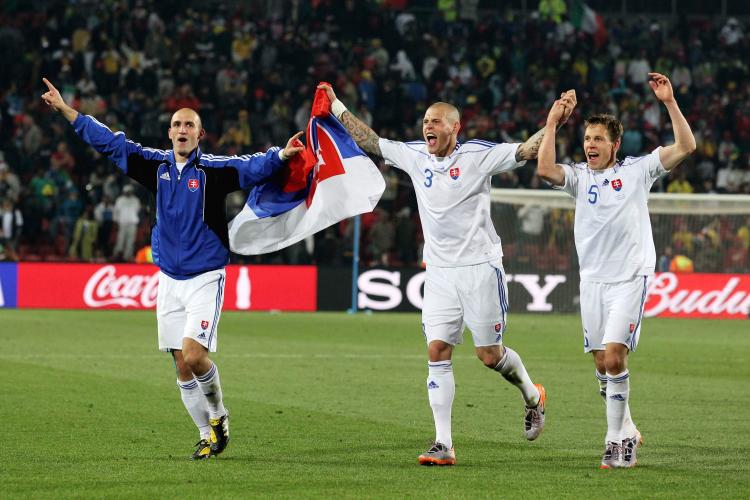 Slovakia celebrates an unforgettable win over Italy in Johannesburg. (Robert Cianflone/Getty Images)