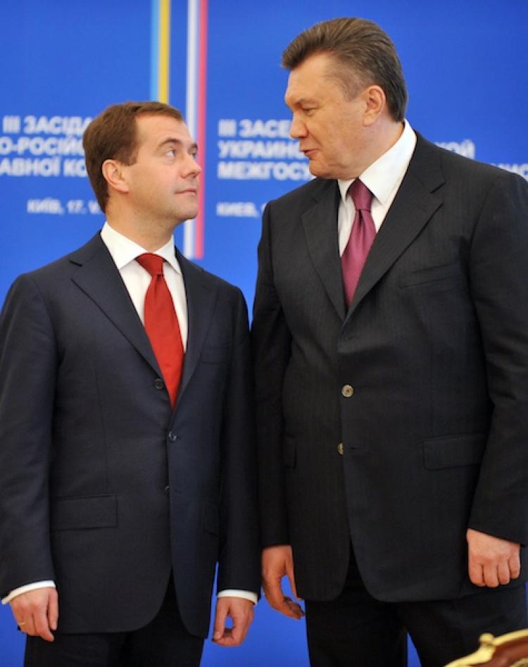 Ukraine's President Victor Yanukovych speaks to his Russian counterpart Dmitry Medvedev during a signing ceremony in Kyiv, Ukraine, on May 17.  (Supinsky/Getty Images)