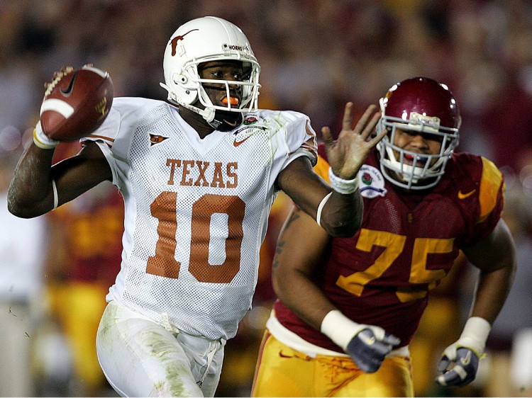 Vince Young (10) and the Texas Longhorns' win over the top-ranked Trojans in the 2006 Rose Bowl is largely considered the Greatest 'Game of the Century'. (Donald Miralle/Getty Images)