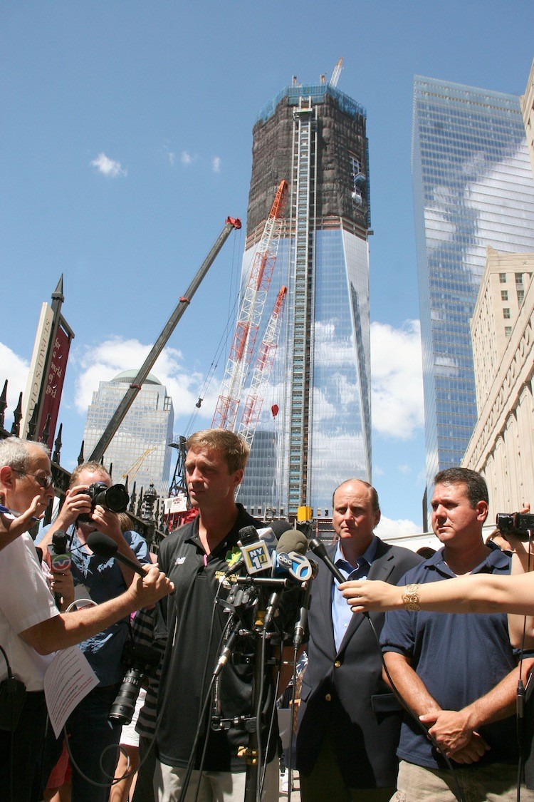 PROTESTING GOVERNMENT FUNDING: FDNY battalion chief and 9/11 first responder Tom Dolan, firefighter Tom Guarnieri, and Gerald Sullivan (L-R) speak on Monday against the possibility of any government money going to Park51, an Islamic community center slated to be built two blocks from the World Trade Center site. (Zack Stieber/The Epoch Times)