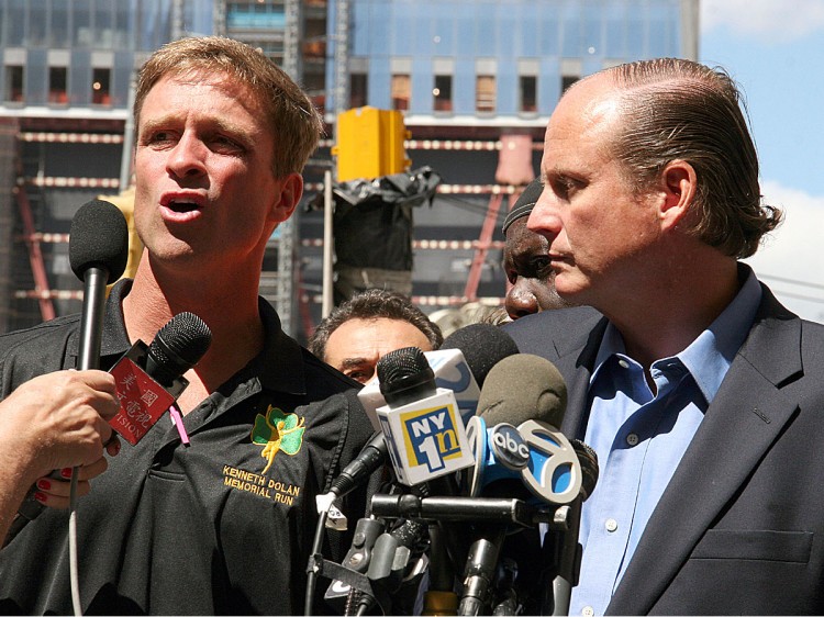 NOT MY TAXES: FDNY battalion chief and 9/11 first responder Tom Dolan and firefighter Tom Guarnieri (L-R) say they don't want to see their taxes go to funding Park51, which includes a mosque. (Zack Stieber/The Epoch Times)