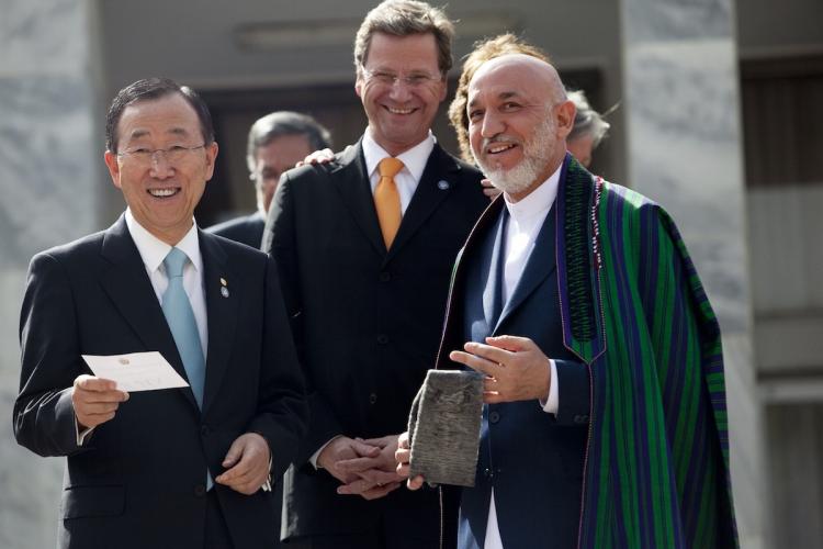 UN Secretary General Ban Ki-moon, German Foreign Minister, Guido Westerwelle and Afghan President Hamid Karzai at the conclusion of the International Conference on Afghanistan at the Foreign Affairs Ministry in Kabul on July 20,in Kabul, Afghanistan. (Majid Saeedi/Getty Images)
