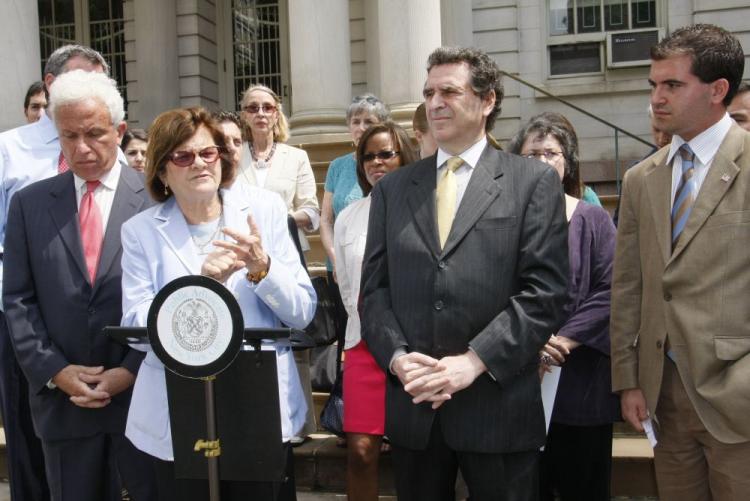 Public Advocate Betsy Gotbaum and candidates for the office of public advocate speak at City Hall on Monday. (Lixin Shi/The Epoch Times)