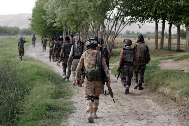 British soldiers patrol with ANA (Afghan National Army) soldiers  in Sangin Valley, Helmand Province, Afghanistan. (Marco Di Lauro/Getty Images)