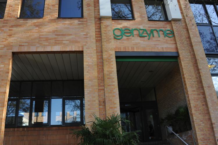 A photo taken on Feb. 16 in Saint-Germain-en-Laye, west of Paris shows the facade of the U.S. biotechnology group Genzyme's French headquarters. French pharmaceutical giant Sanofi-Aventis won control of Genzyme after increasing its offer considerably in a drawn out battle. (Miguel Medina/AFP/Getty Images)