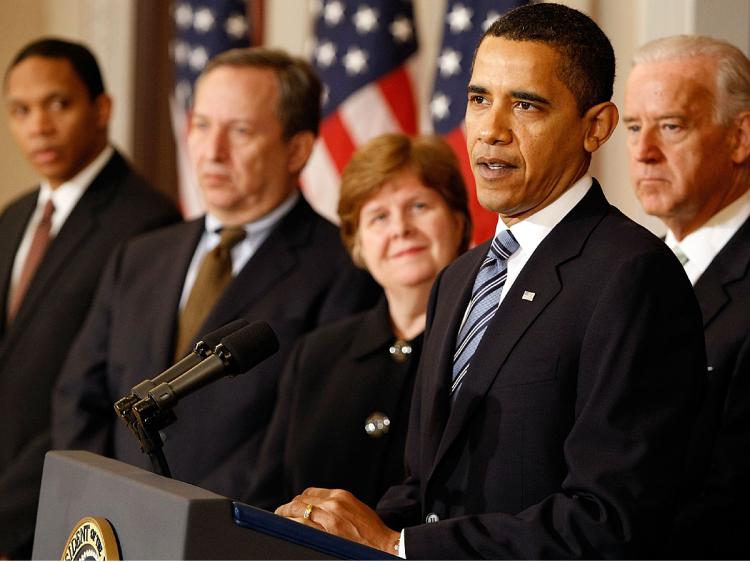 President Barack Obama (R) speaks about his proposed Financial Year 2010 budget with (L-R) OMB Assistant Director Rob Nabors, National Economic Council Chairman Lawrence Summers, Council of Economic Advisers Chairwoman Christina Romer and Vice President J (Chip Somodevilla/Getty Images)