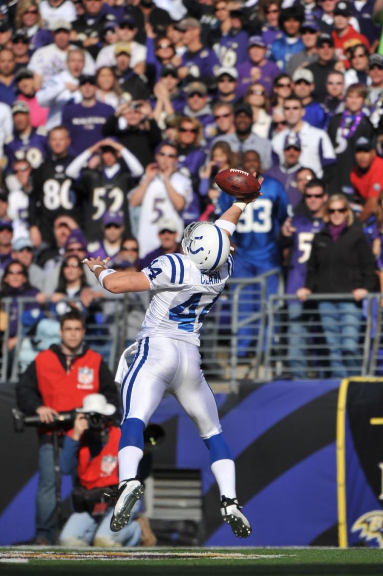 Dallas Clark hauls in Indy's first TD with a spectacular effort. (Larry French/Getty Images)