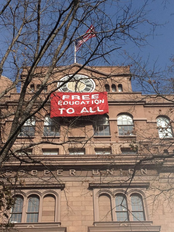 Student protesters at Cooper Union, a traditionally tuition-free school, hang a banner on Dec. 3 to remind the school of its founding principles amid a financial crisis. (Courtesy of Students for a Free Cooper Union)