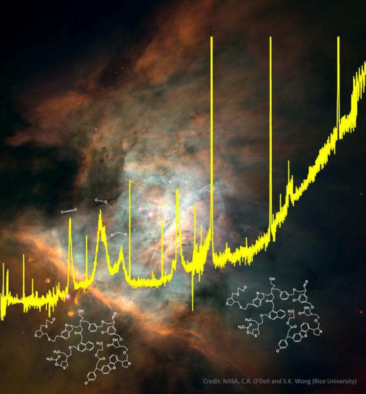 Spectrum from the Infrared Space Observatory superimposed on an image of the Orion Nebula where these complex organics are found. (NASA, C.R. O'Dell, S.K. Wong/Rice University)