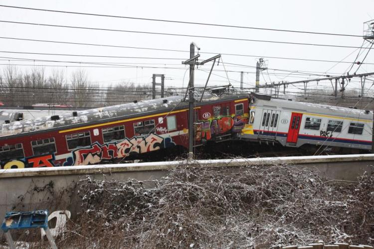 The aftermath of a crash between two passenger trains, which collided head on, on Feb. 15, in Halle, Belgium. Between 15 and 25 people died when the two passenger trains crashed into one another during rush hour. (Mark Renders/Getty Images)