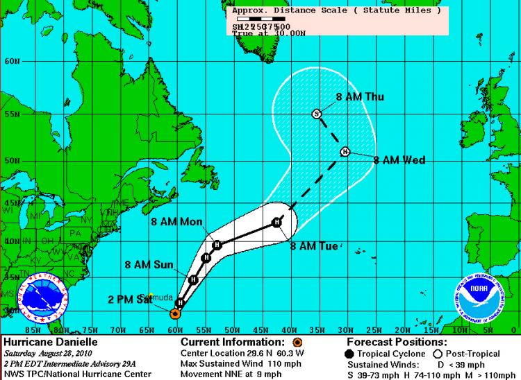 HURRICANE DANIELLE: A five-day forecast cone of Hurricane Danielle (NOAA)