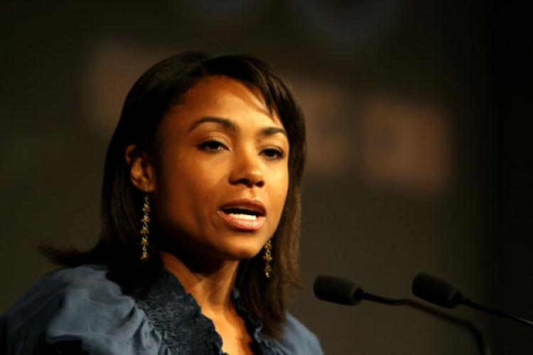 Dominique Dawes speaks at the 2008 U.S. Olympic Team Media Summit on April 15, 2008 in Chicago, Illinois. (Al Bello/Getty Images)