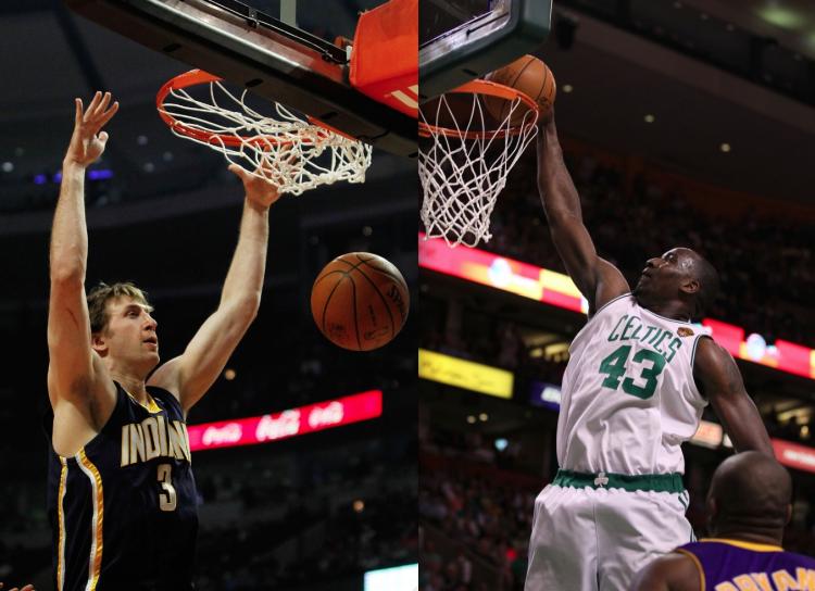 Troy Murphy of the Indiana Pacers (R) and Kendrick Perkins of the Boston Celtics (L).  Perkins recently agreed to a four-year extension with the Oklahoma City Thunder at $34.8 million as Murphy recently opted for Boston over Miami after a buyout from the Golden State. (Jonathan Daniel & Elsa/Getty Images)