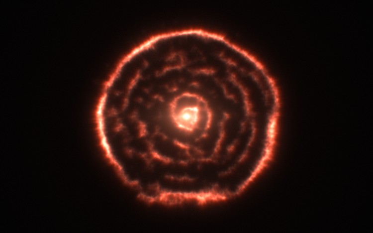 Data visualization showing curious spiral spotted by ALMA around red giant star R Sculptoris. (ESO) 