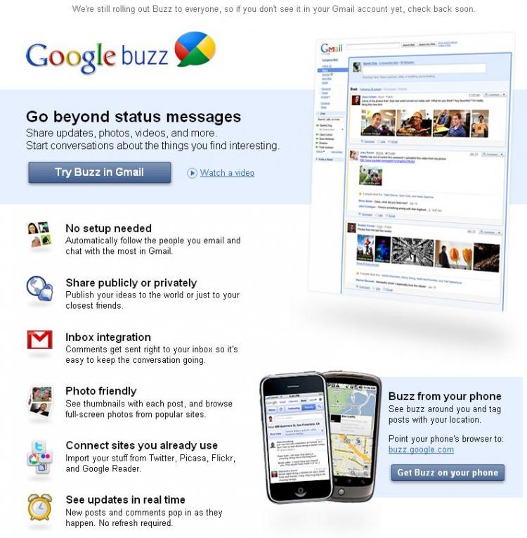 Google announced the launch of its social networking app, Google Buzz, which will be integrated with Gmail. (Google Inc)