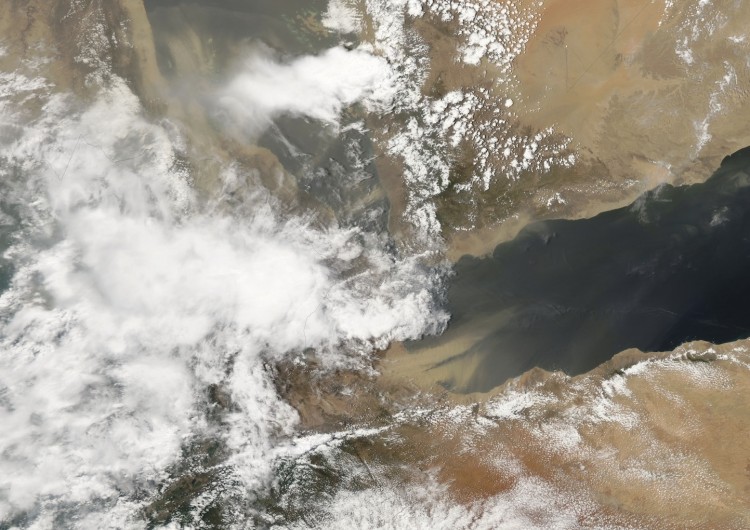 Natural-color image of thick dust blowing off the coast of Somalia and over the Gulf of Aden as seen by the MODIS on NASA's Aqua satellite on Aug. 4. (NASA)