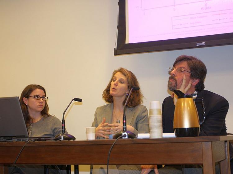 HCZ UNDER SCRUTINY: A panel of officials from the Harlem Children's Zone at City Council hearing on Monday, including, Bessie Wilkerson (h), director of Education Research for Harlem Children's Zone; Kate Shoemaker, director of Policy & Special Projects for the president (C); and Marty Lipp (R), Communications director. (Tara MacIsaac/The Epoch Times)