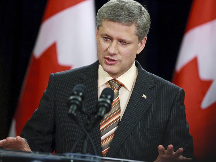 Canadian Prime Minister Stephen Harper speaks at a press conference in Calgary.  (Geoff Robins/AFP/Getty Images)