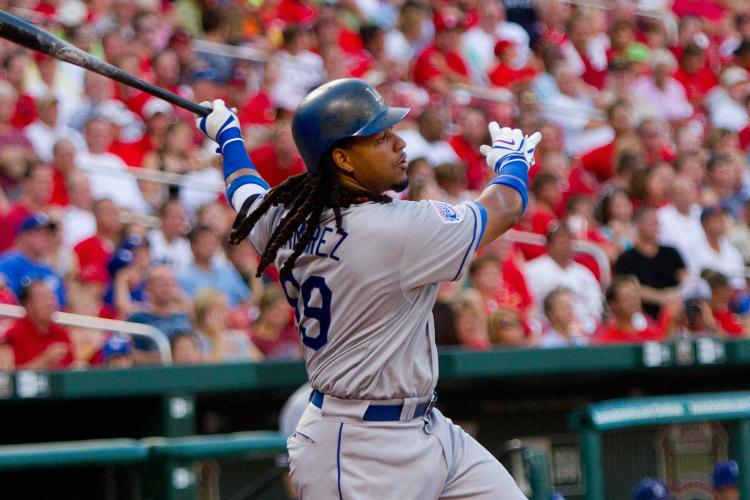Manny Ramierez #99 of the Los Angeles Dodgers bats against the St. Louis Cardinals at Busch Stadium on July 15, 2010 in St. Louis, Missouri. (Dilip Vishwanat/Getty Images)
