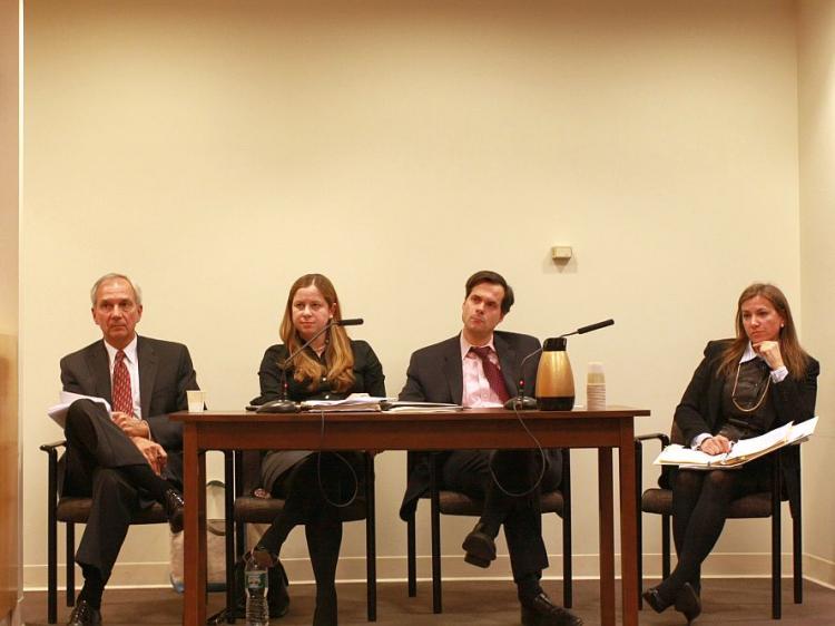 OFFICIALS TESTIFY: A panel of city agency representatives testifies at a City Council hearing on Wednesday to discuss legislation that grew out of the December 2010 blizzard: Skip Funk (L), citywide director of emergency communications; Elizabeth Weinstein (2nd L), director of the Mayor's Office of Operations; Anthony Crowell (2nd R), the mayor's senior counsel; and Rachel Stein-Dickinson (R), deputy commissioner for finance, policy, and administration at the Office of Emergency Management. (Tara MacIsaac/The Epoch Times)