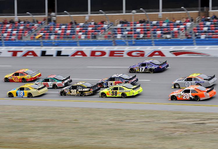 TALLADEGA TESTING: Kevin Harvick leads the draft with the new spoilers during testing on March 16. (Rusty Jarrett/Getty Images for NASCAR)