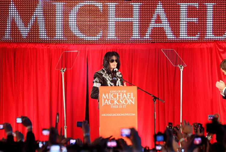 Michael Jackson attends a press conference to announce plans for a summer residency of concerts at the O2 Arena, Grenwich on March 5, 2009 in London, England. (Dave Hogan/Getty Images)