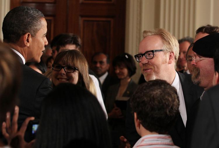 President Barack Obama (L) greets hosts of the TV show MythBusters, Adam Savage (2nd-R)) and,Jamie Hyneman (R) during an event in the East Room at the White House on October 18, 2010 in Washington, DC. (Mark Wilson/Getty Images)