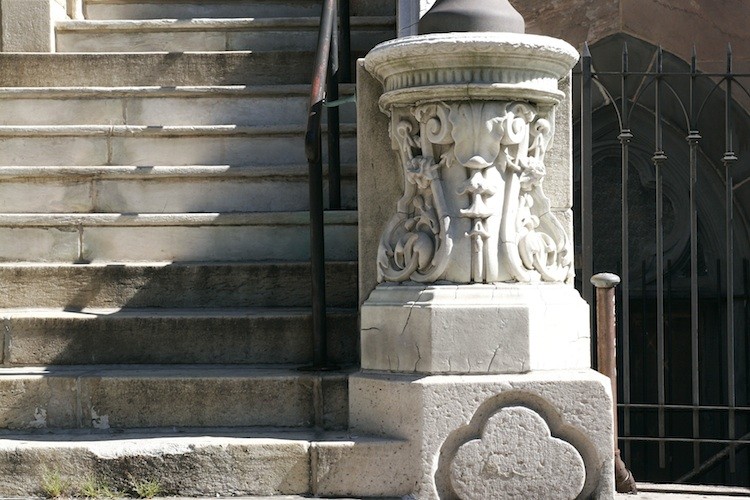 ELEGANT: One of two marble pedestals salvaged from the Fifth Avenue mansion of A.T. Stewart incorporated in the construction of Our Lady of Lourdes Church on West 142nd Street.  (Tim McDevitt/The Epoch Times)
