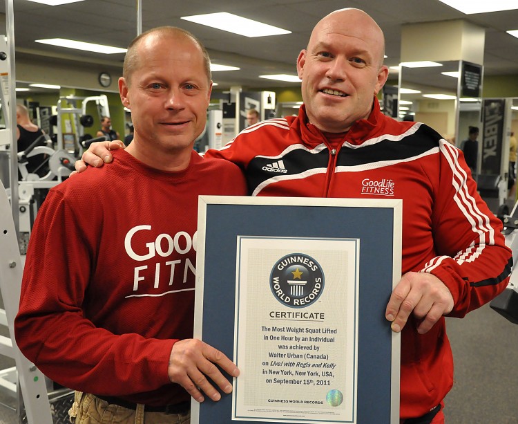 Powerlifter Walter Urban (L) and his trainer Mark Giffin. Urban has set a new Guinness world record for the most amount of weight squat-lifted in one hour.  (COURTESY OF THE MERCURY)