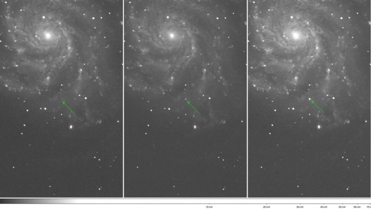 Left (Aug. 22): the supernova before it exploded, approximately 1 million times fainter than the human eye can detect. Center (Aug. 23): about 10,000 times fainter than the human eye can detect. Right (Aug. 24): 6 times brighter than the previous day. (Berkeley University)