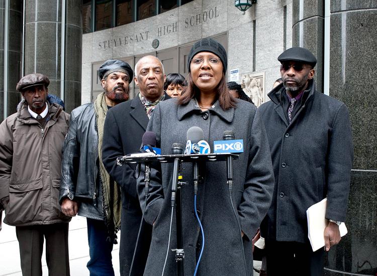 RACISM EXPOSED: Councilwoman Letitia James addresses the issue of racism on Wednesday outside Stuyvesant High School, following a recent incident in which a black female student received a racist video clip from her schoolmates. James was joined by Counci ((AMAL CHEN/THE EPOCH TIMES))