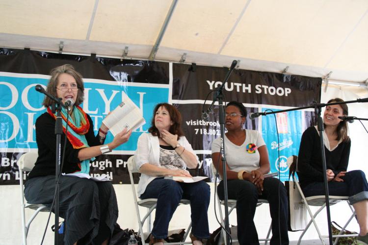 Wendy Lamb (far L) moderates a reading and discussion with Laura Toffler-Corrie (second L), Olugbemisola Rhuday-Periodic (third L), and Rebecca Stead (far R) on their works involving young characters fighting challenges in different New York landscapes. (Ron Ricardo)