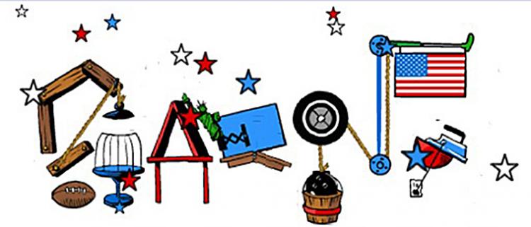 Screenshot of Google's animated Fourth of July Rube Goldberg machine logo. (Screenshot from google.com)