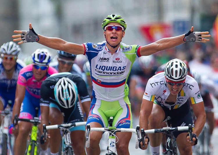 Peter Sagan of Liquigas-Cannondale sprints to his second stage win in 2011 Vuelta a España Stage Twelve. Sagan also won Stage Six. (Jaime Reina/AFP/Getty Images)