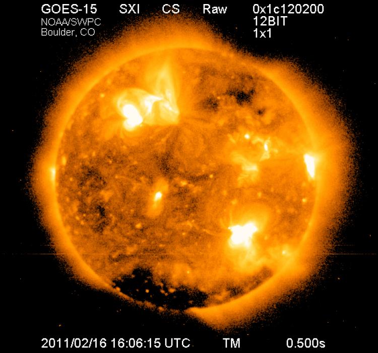 Sunspot AR 1158 unleashed several solar flares since Sunday, Feb. 13. This photo is from Wednesday. (Courtesy of NOAA)